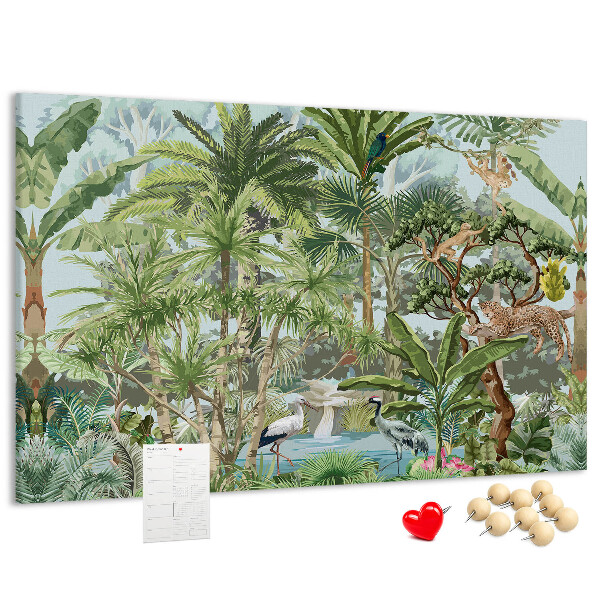 Pizarra de corcho con diseño de bosque tropical con animales salvajes y aves