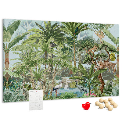 Pizarra de corcho con diseño de bosque tropical con animales salvajes y aves