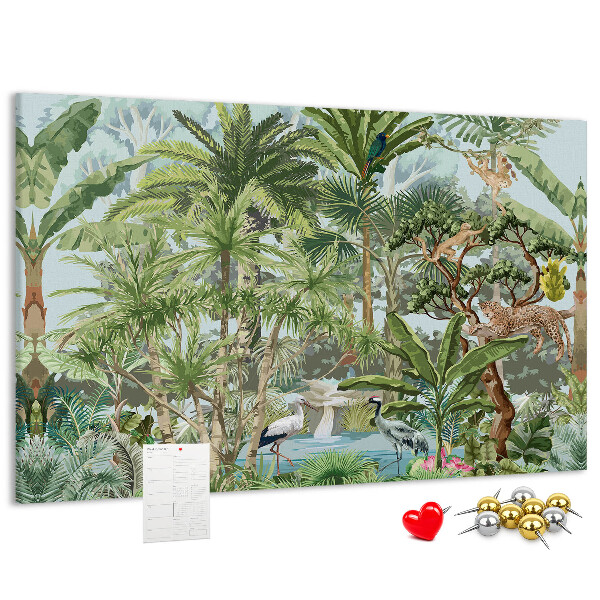 Pizarra de corcho con diseño de bosque tropical con animales salvajes y aves