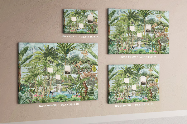 Pizarra de corcho con diseño de bosque tropical con animales salvajes y aves