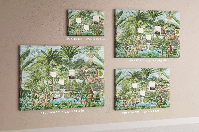 Pizarra de corcho con diseño de bosque tropical con animales salvajes y aves