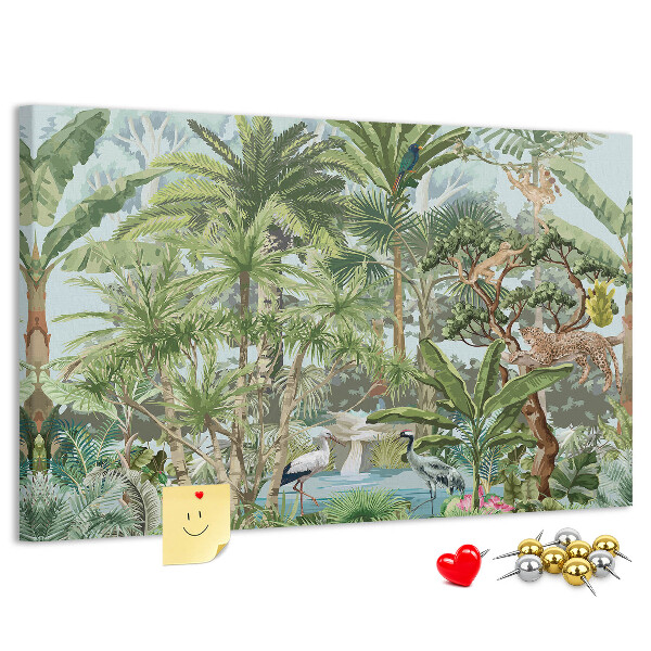 Pizarra de corcho con diseño de bosque tropical con animales salvajes y aves