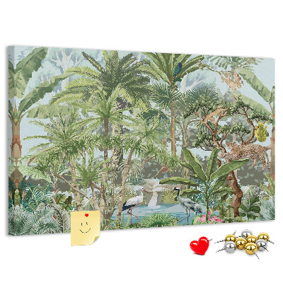 Pizarra de corcho con diseño de bosque tropical con animales salvajes y aves