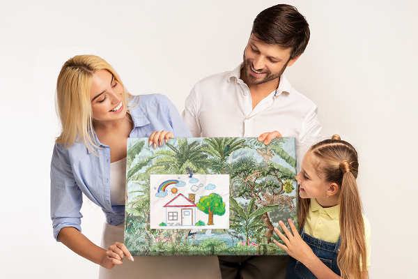 Pizarra de corcho con diseño de bosque tropical con animales salvajes y aves