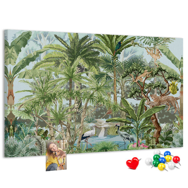 Pizarra de corcho con diseño de bosque tropical con animales salvajes y aves