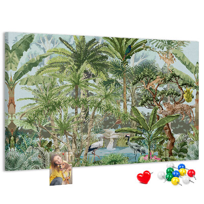 Pizarra de corcho con diseño de bosque tropical con animales salvajes y aves