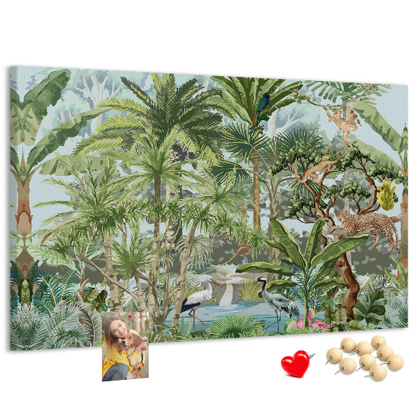 Pizarra de corcho con diseño de bosque tropical con animales salvajes y aves