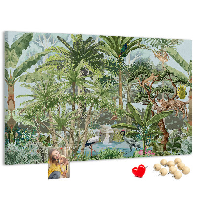 Pizarra de corcho con diseño de bosque tropical con animales salvajes y aves