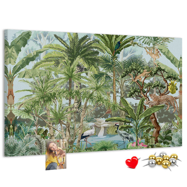 Pizarra de corcho con diseño de bosque tropical con animales salvajes y aves