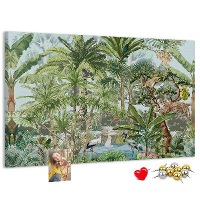 Pizarra de corcho con diseño de bosque tropical con animales salvajes y aves