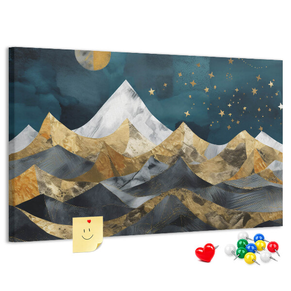 Tablero de corcho decorado diseño de montañas doradas bajo el cielo nocturno