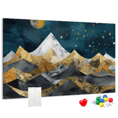 Tablero de corcho decorado diseño de montañas doradas bajo el cielo nocturno
