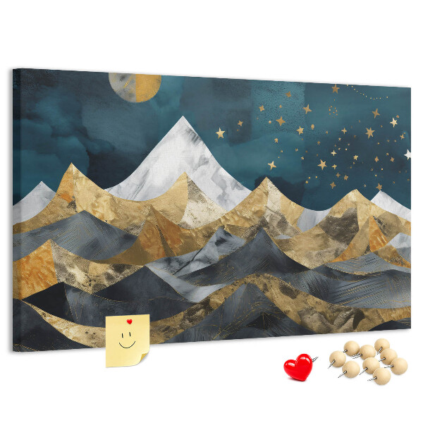 Tablero de corcho decorado diseño de montañas doradas bajo el cielo nocturno