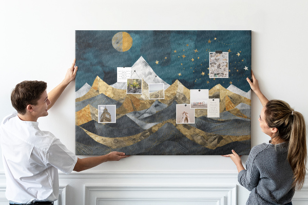 Tablero de corcho decorado diseño de montañas doradas bajo el cielo nocturno