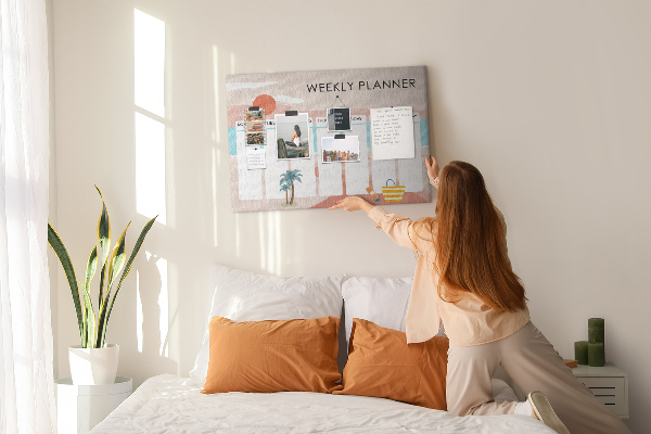 Pizarra de corcho con diseño de agenda semanal y temática de playa