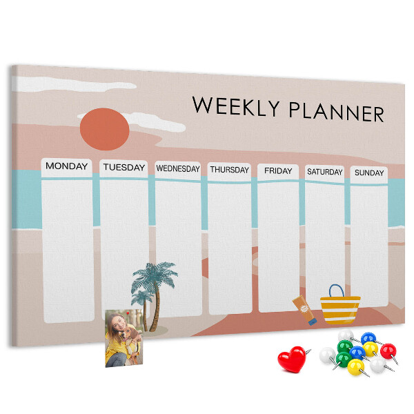 Pizarra de corcho con diseño de agenda semanal y temática de playa