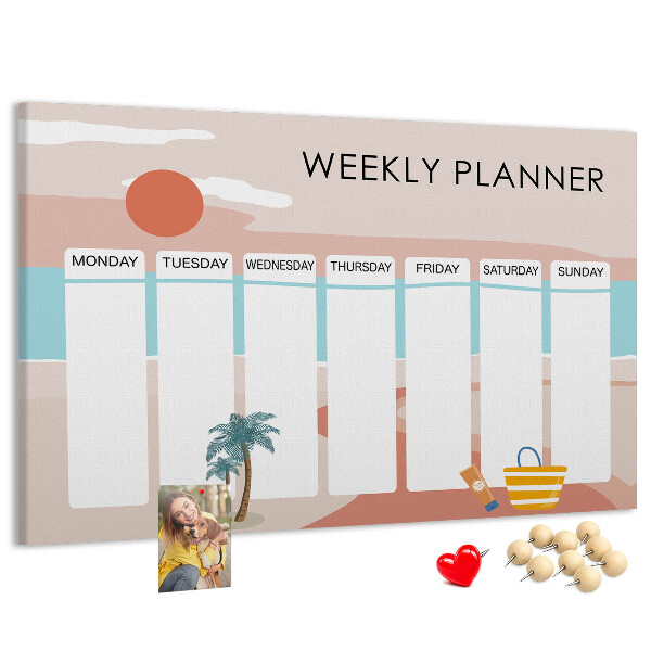 Pizarra de corcho con diseño de agenda semanal y temática de playa