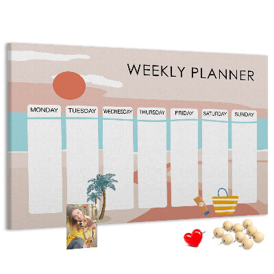 Pizarra de corcho con diseño de agenda semanal y temática de playa