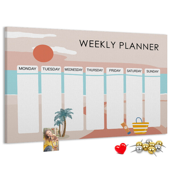 Pizarra de corcho con diseño de agenda semanal y temática de playa