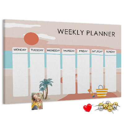 Pizarra de corcho con diseño de agenda semanal y temática de playa