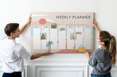 Pizarra de corcho con diseño de agenda semanal y temática de playa