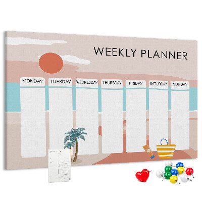 Pizarra de corcho con diseño de agenda semanal y temática de playa