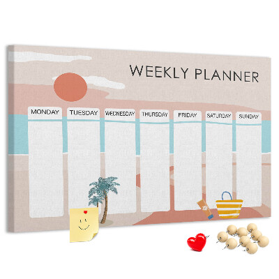 Pizarra de corcho con diseño de agenda semanal y temática de playa