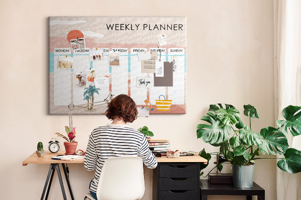 Pizarra de corcho con diseño de agenda semanal y temática de playa