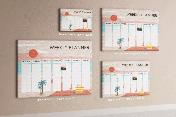 Pizarra de corcho con diseño de agenda semanal y temática de playa