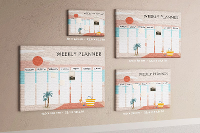 Pizarra de corcho con diseño de agenda semanal y temática de playa
