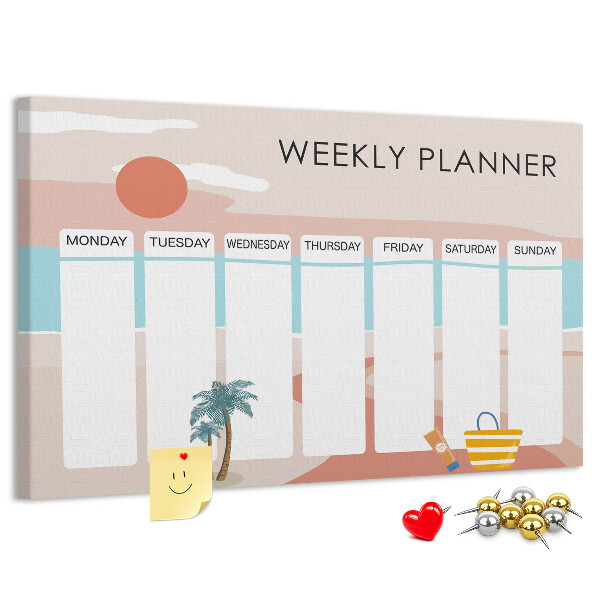 Pizarra de corcho con diseño de agenda semanal y temática de playa