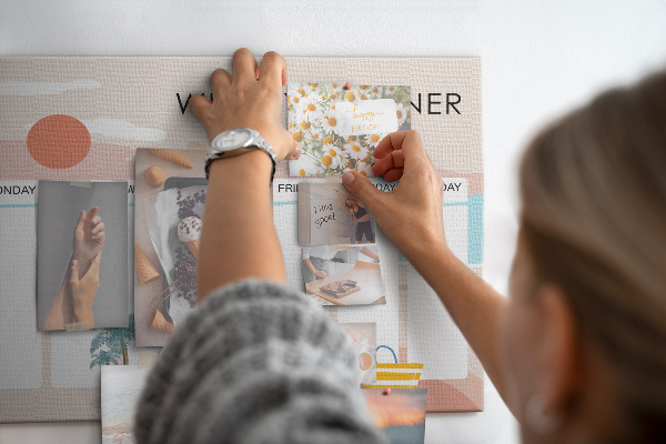 Pizarra de corcho con diseño de agenda semanal y temática de playa