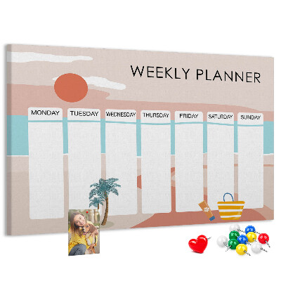 Pizarra de corcho con diseño de agenda semanal y temática de playa