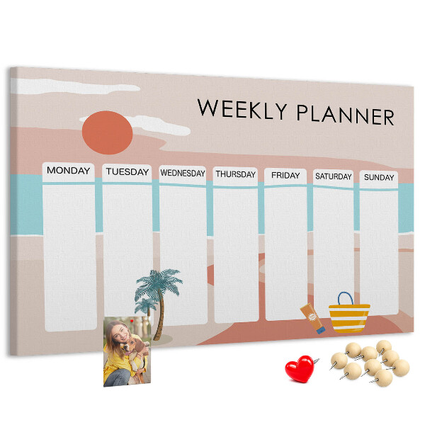 Pizarra de corcho con diseño de agenda semanal y temática de playa