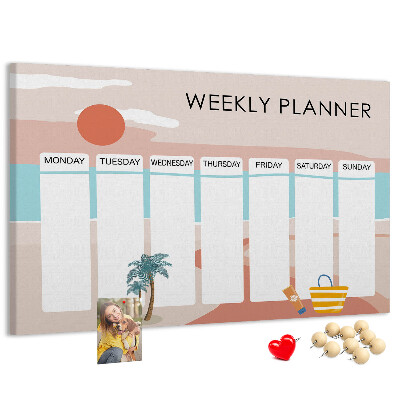 Pizarra de corcho con diseño de agenda semanal y temática de playa