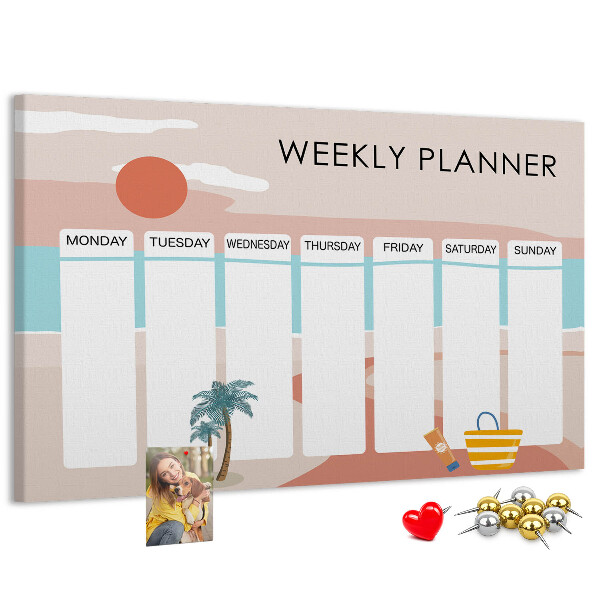 Pizarra de corcho con diseño de agenda semanal y temática de playa