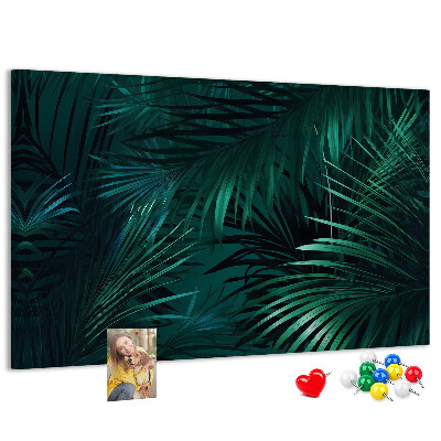 Tablero de anuncios diseño de hojas tropicales en tonos verdes