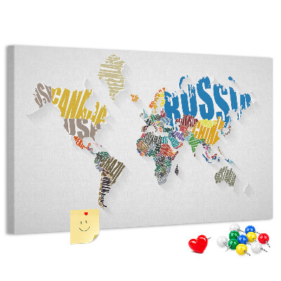 Tablero de anuncios Mapa mundial colorido con los nombres de los países.