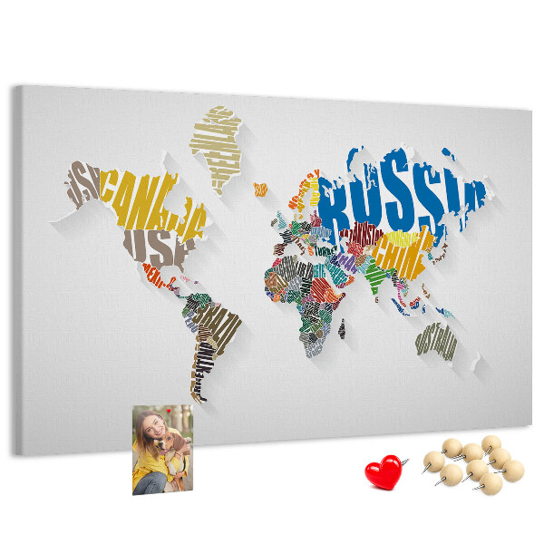 Tablero de anuncios mapa mundial colorido con nombres de países