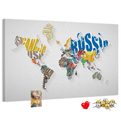 Tablero de anuncios mapa mundial colorido con nombres de países