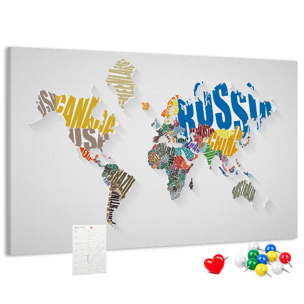 Tablero de anuncios mapa mundial colorido con nombres de países
