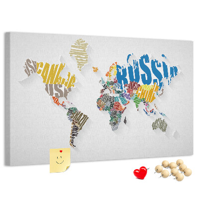 Tablero de anuncios mapa mundial colorido con nombres de países