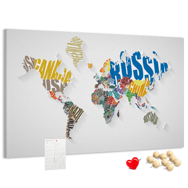Tablero de anuncios mapa mundial colorido con nombres de países