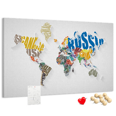 Tablero de anuncios mapa mundial colorido con nombres de países