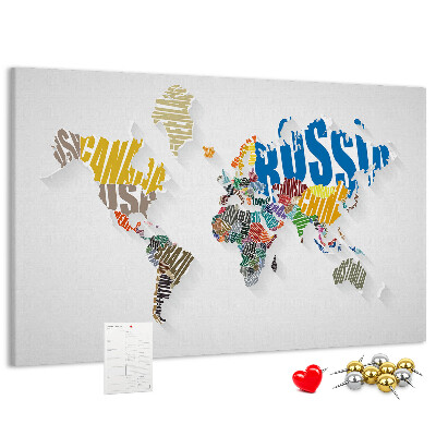 Tablero de anuncios mapa mundial colorido con nombres de países