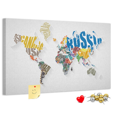 Tablero de anuncios mapa mundial colorido con nombres de países