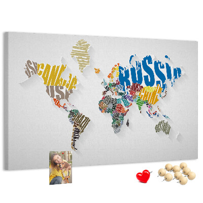 Tablero de anuncios mapa mundial colorido con nombres de países