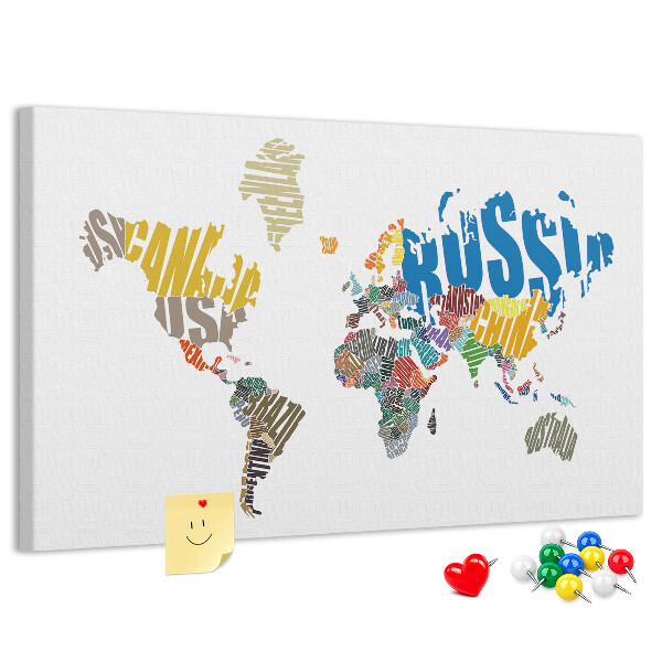 Tablero de corcho decorativo mapa del mundo con nombres de países