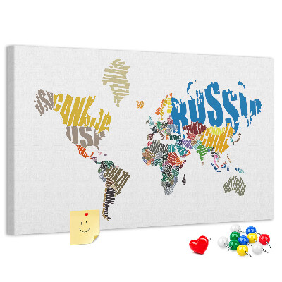 Tablero de corcho decorado Mapa del mundo con los nombres de los países.