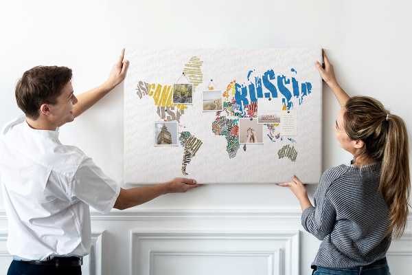 Tablero de corcho decorativo mapa del mundo con nombres de países